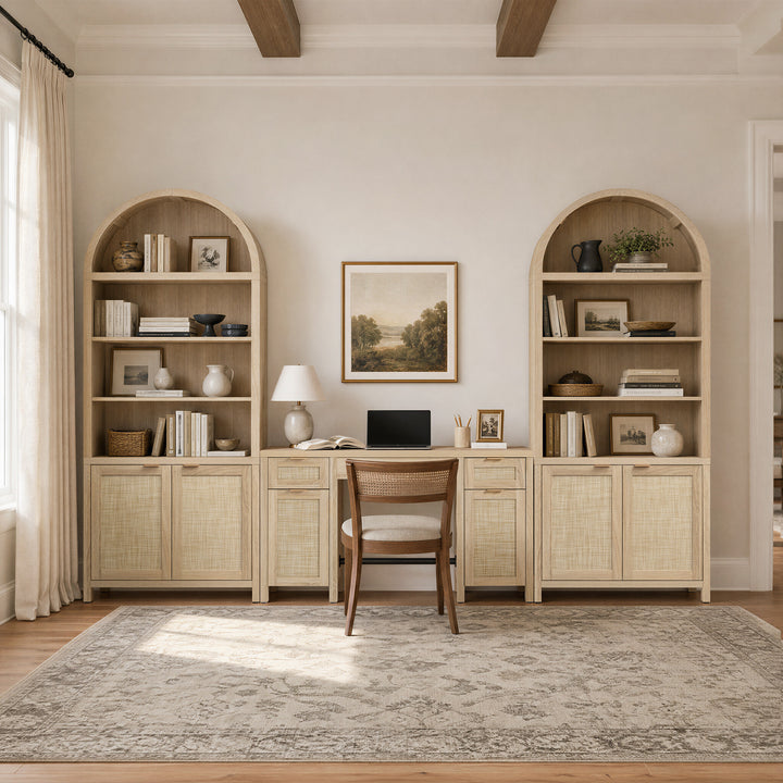 SICOTAS 3 Piece Furniture Set - 84.25" Tall Arched Cabinet & 52.1" Wide Desk with Rattan Doors, Adjustable Shelves, Hidden Handles for Study Room Home Office WM