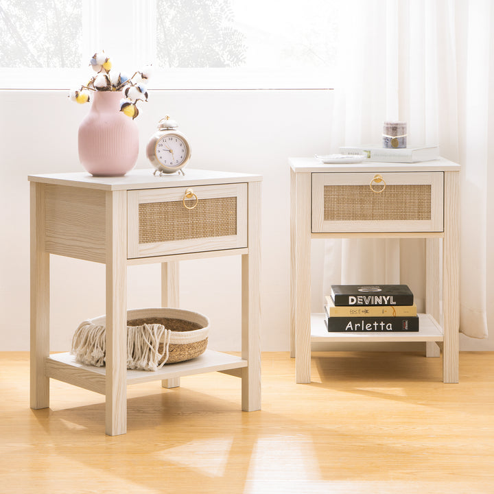 Surmoby 26.7"W Boho Nightstand Set of 2 - Coastal Farmhouse Bedside Tables with 2 Rattan Drawers & Open Shelf, Cream White Finish for Bedroom/Living Room WM
