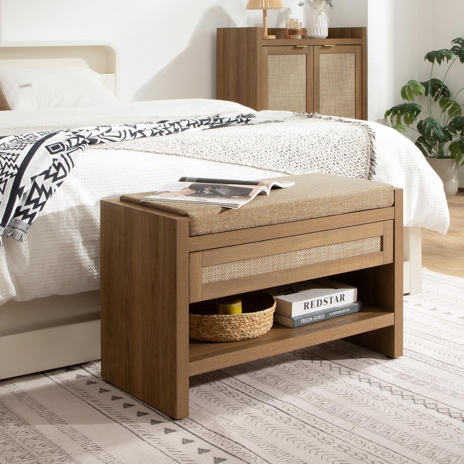 Modern wooden bedroom bench with cushion, storage shelf, and wicker basket at bed foot
