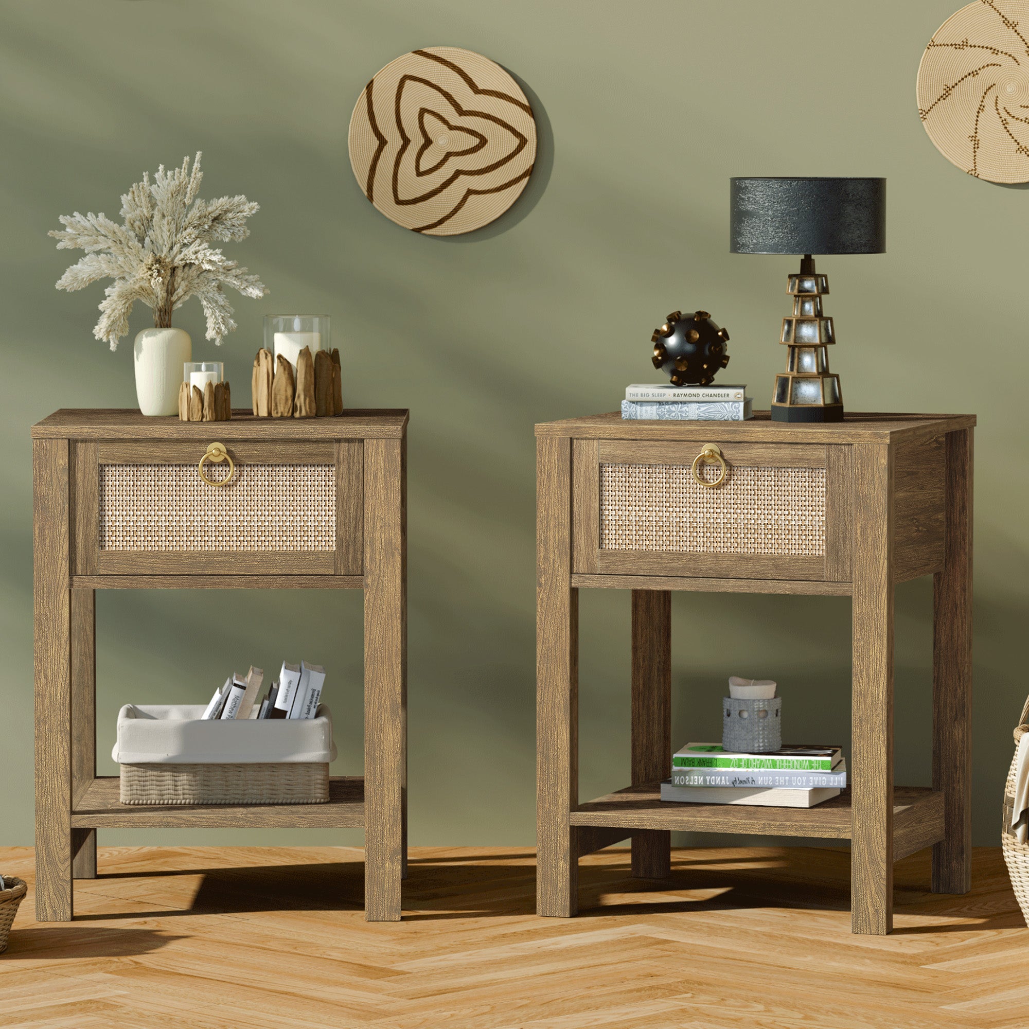 Surmoby 26.7"W Boho Nightstand Set of 2 - Coastal Farmhouse Bedside Tables with 2 Rattan Drawers & Open Shelf, Cream White Finish for Bedroom/Living Room WM