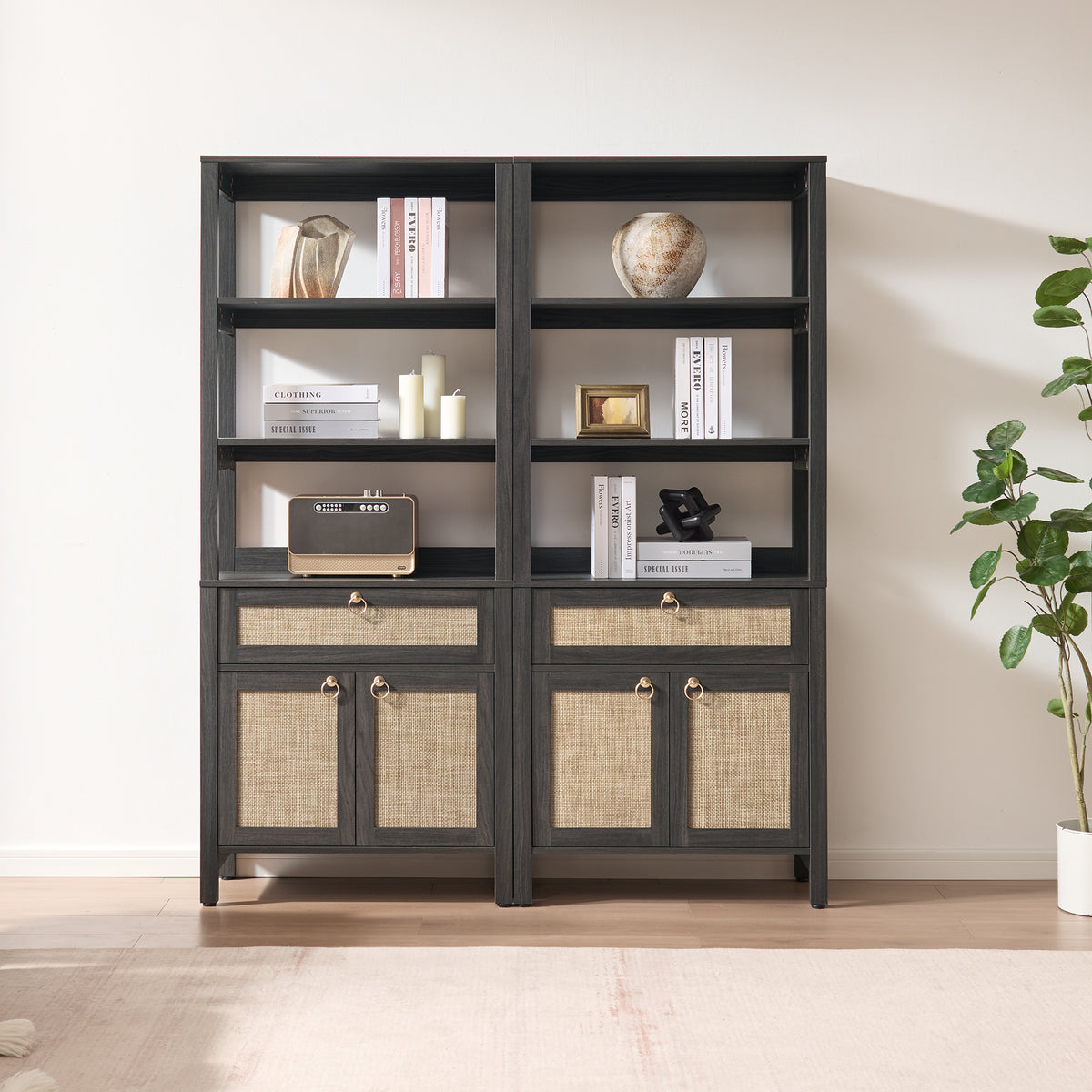 Terra Black Rattan Bookshelf, Set of 2