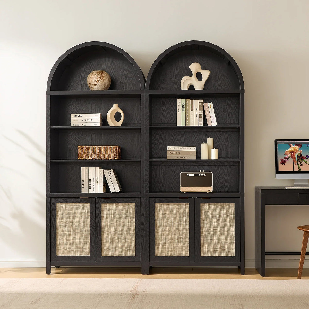 Savanna 84'' Tall Arched Bookcase with Storage, Set of 2