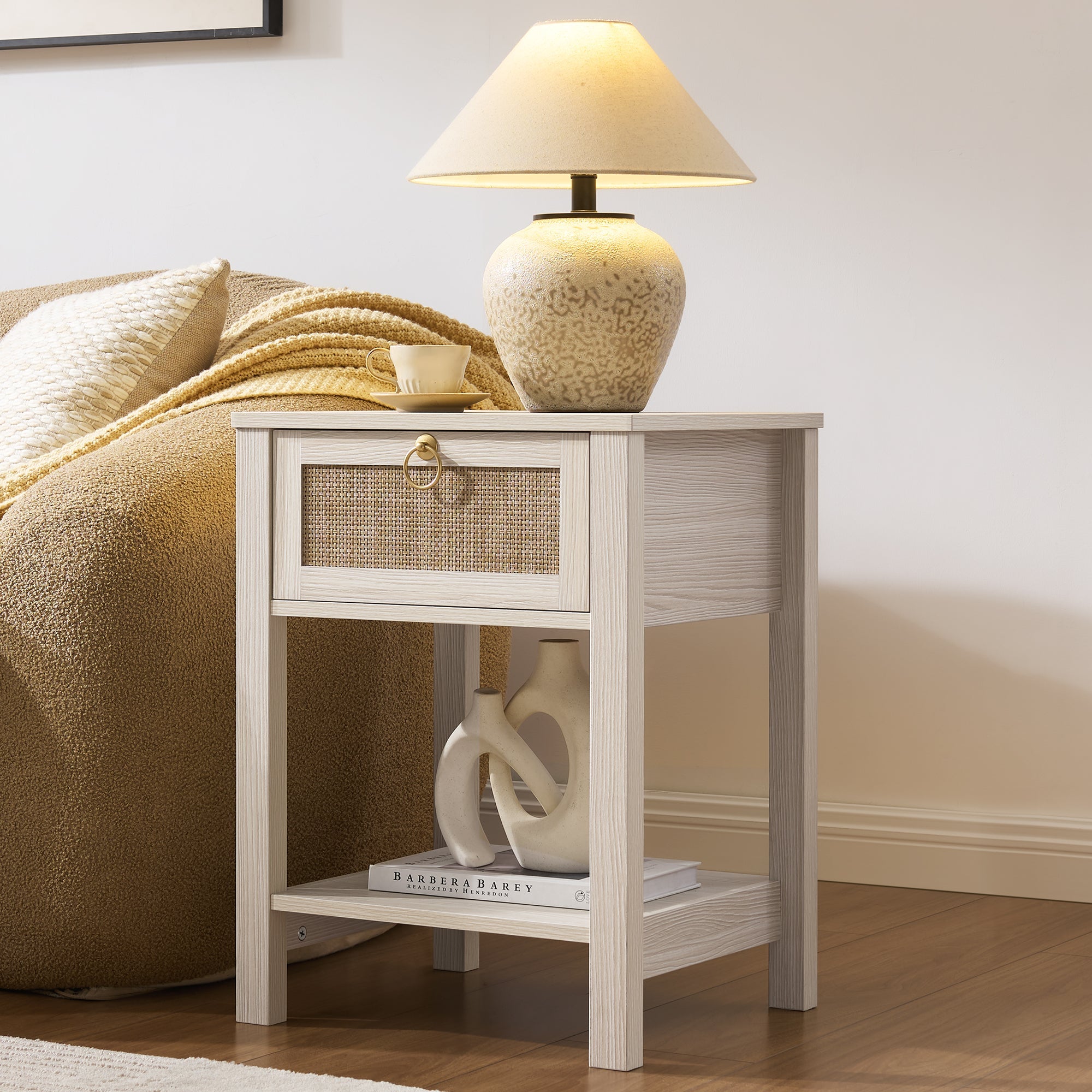 Terra Black Rattan Nightstand - 2 Pieces - White Cream Oak