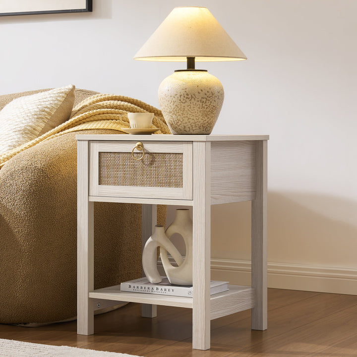 Terra Black Rattan Nightstand - 2 Pieces - White Cream Oak