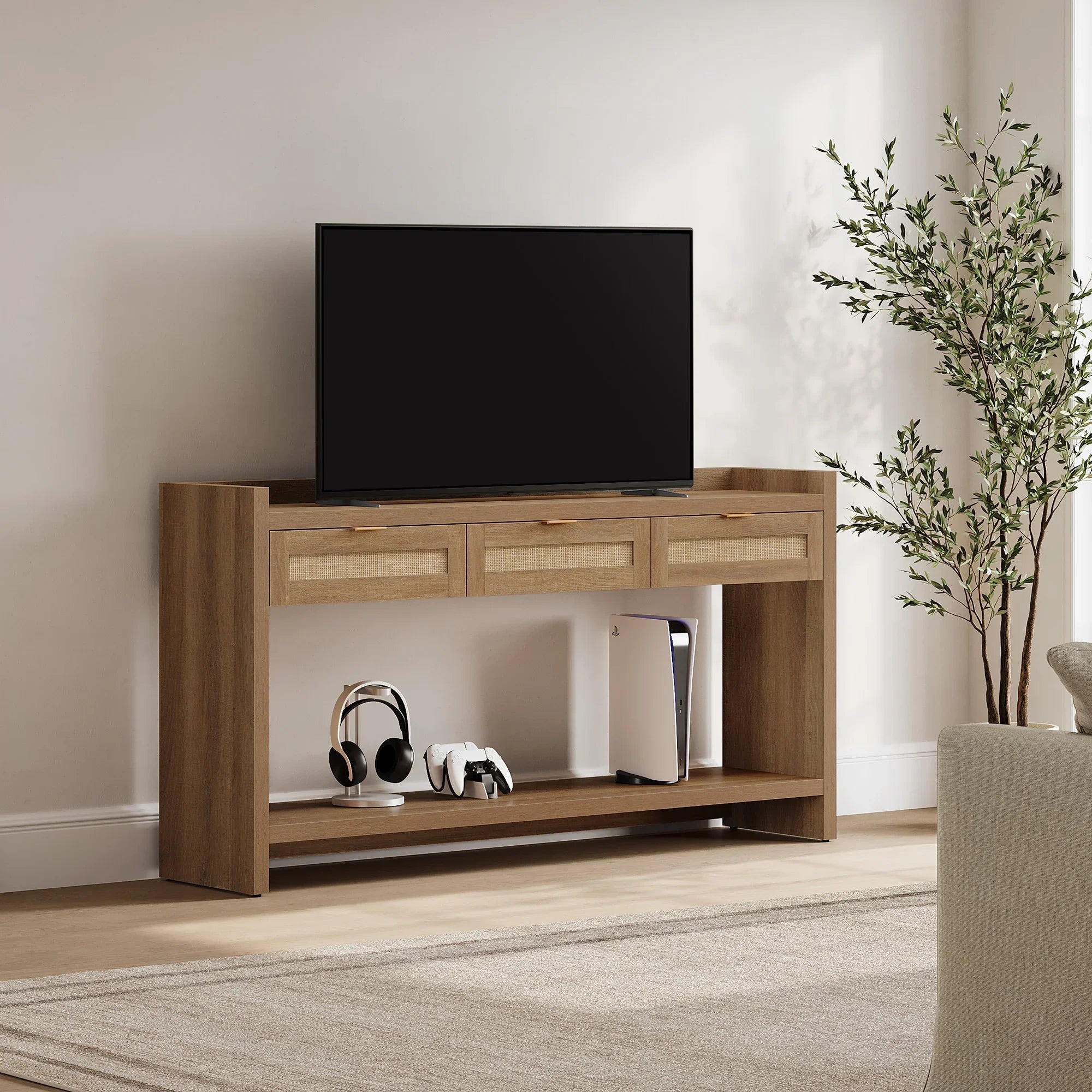 Savanna Rattan Console Table, 32'' Tall, Large Storage