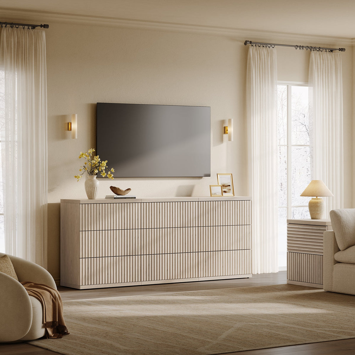 Stria Fluted Sideboard Cabinet with Storage, 3 Drawers, Set of 3