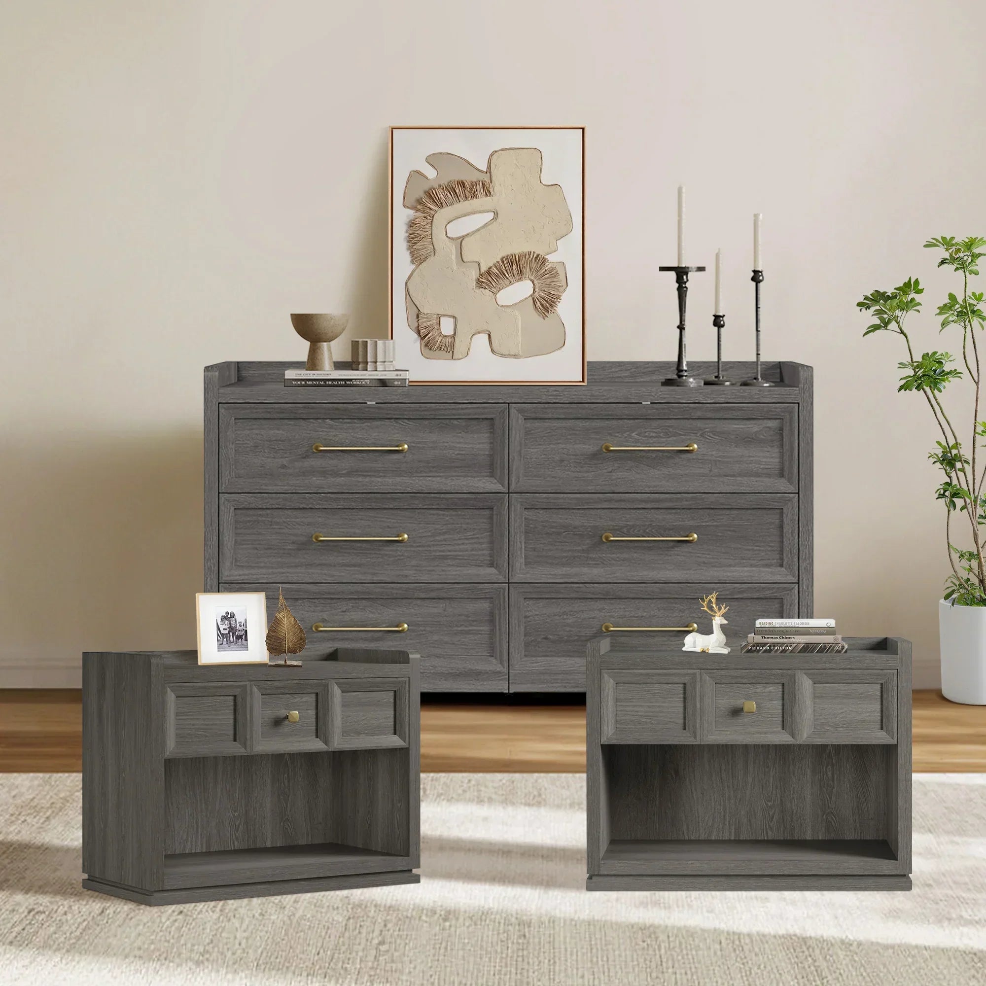Helio 6-Drawer Dresser and Nightstands Set For Living Room