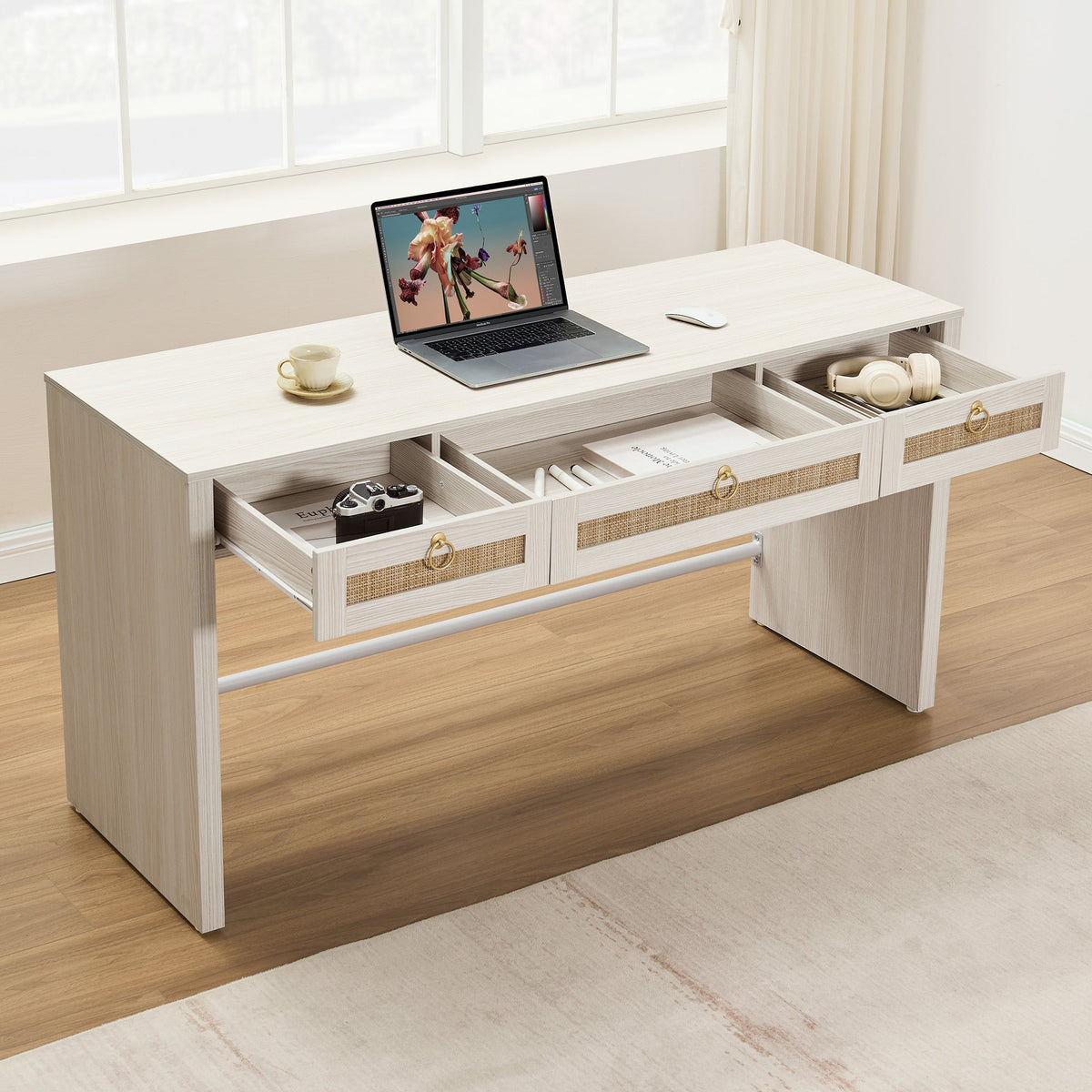 Terra Office Desk with 3 Drawers - White Cream Oak - 2 Pieces