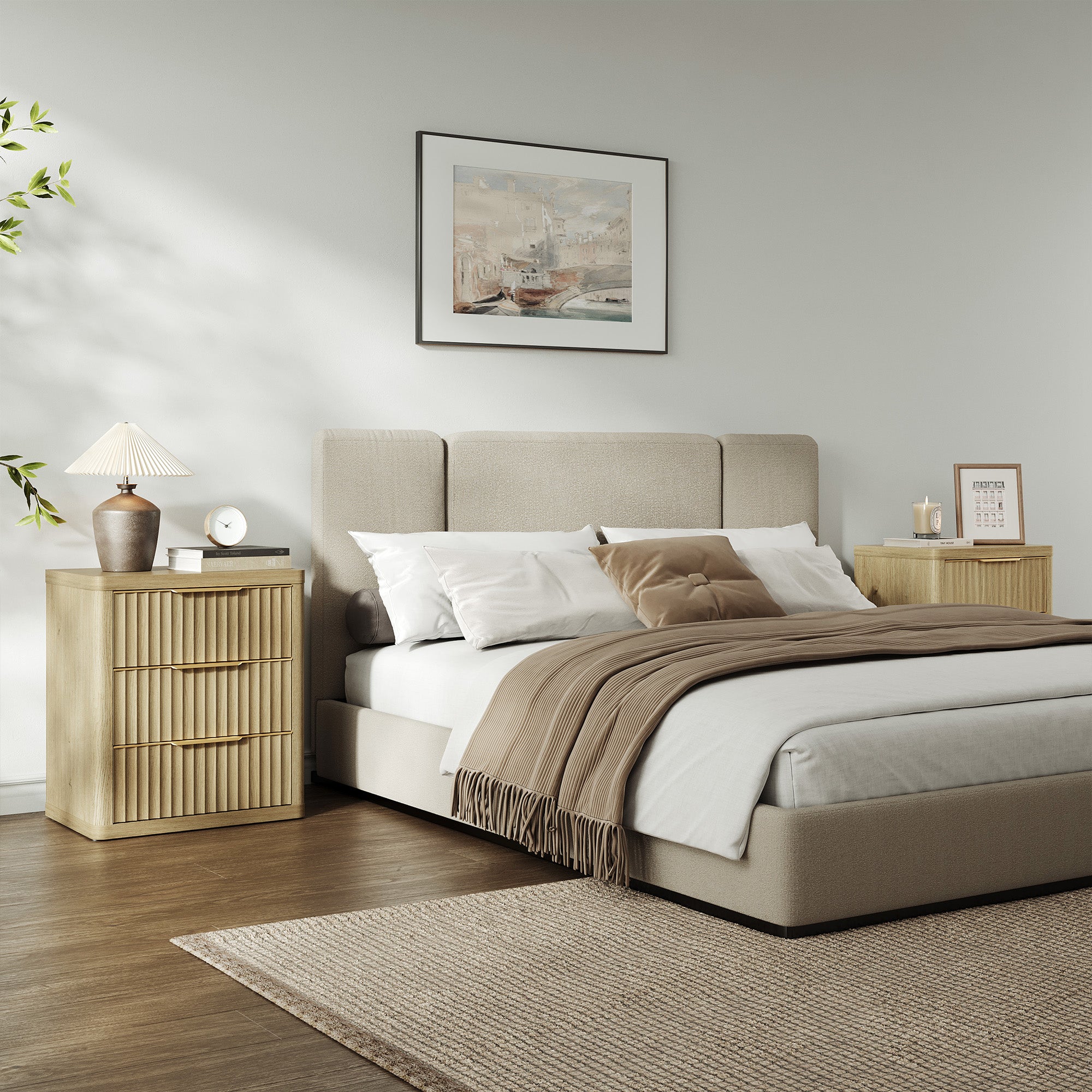 Cas 3 Drawers Nightstand with Golden Handle