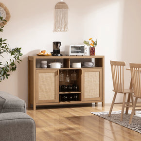 Modern wooden sideboard in dining room with toaster, coffee maker, and wine storage.