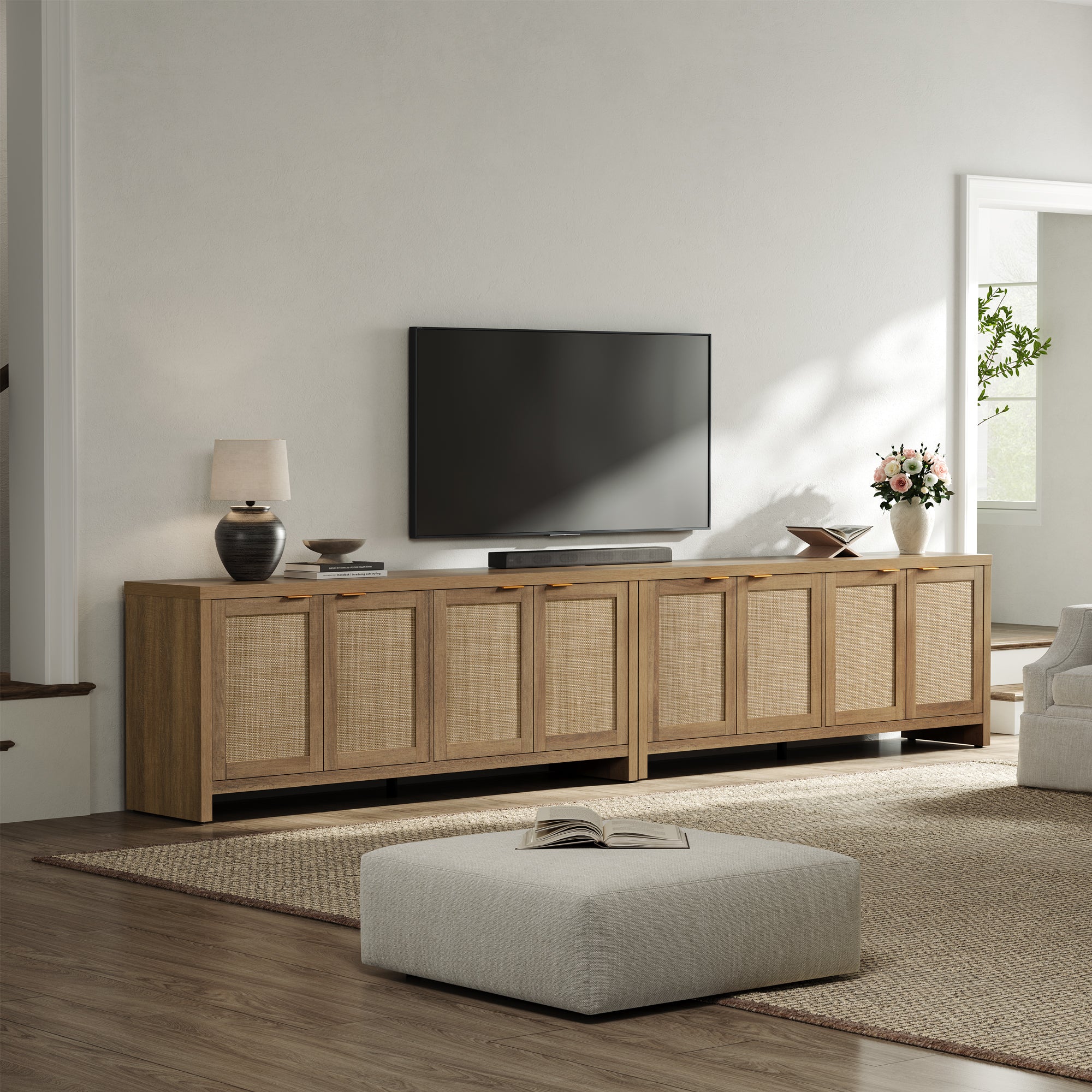 SICOTAS 61.5"W Rattan TV Stand with 4 Doors, Boho Entertainment Center with Adjustable Shelves & Spacious Countertop – Large Boho Farmhouse Media Console for Living Room WM