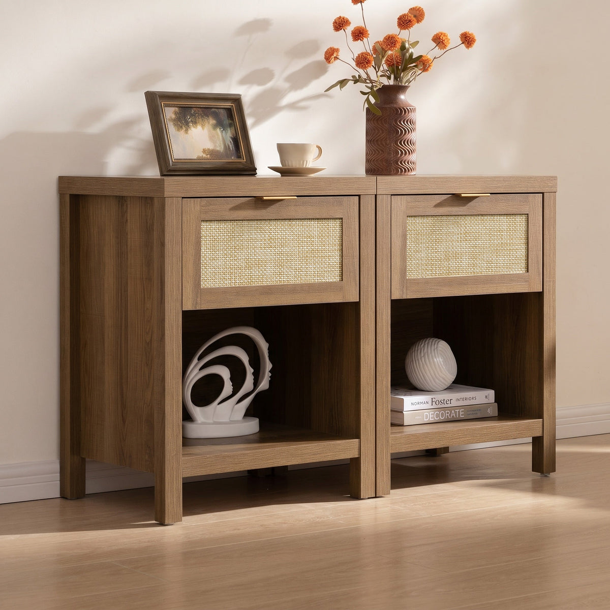 Savanna Rattan Nightstand - 2 Pieces - Reclaimed Caramel Oak