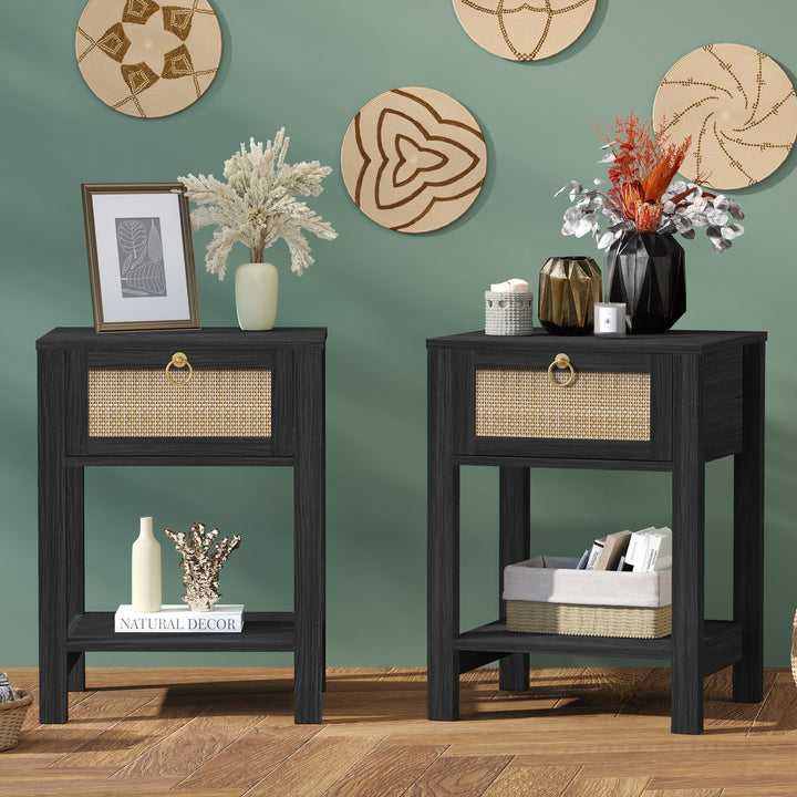 Surmoby 26.7"W Boho Nightstand Set of 2 - Coastal Farmhouse Bedside Tables with 2 Rattan Drawers & Open Shelf, Cream White Finish for Bedroom/Living Room WM