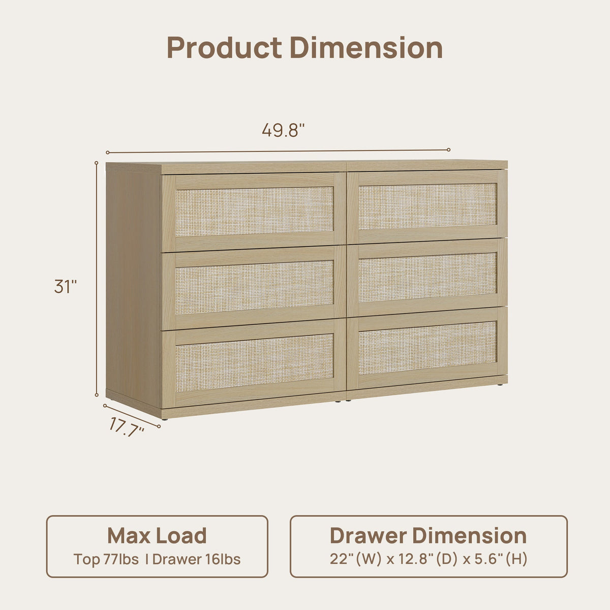 Zura Modern Rattan 6 Drawers Dresser, Straight Edge
