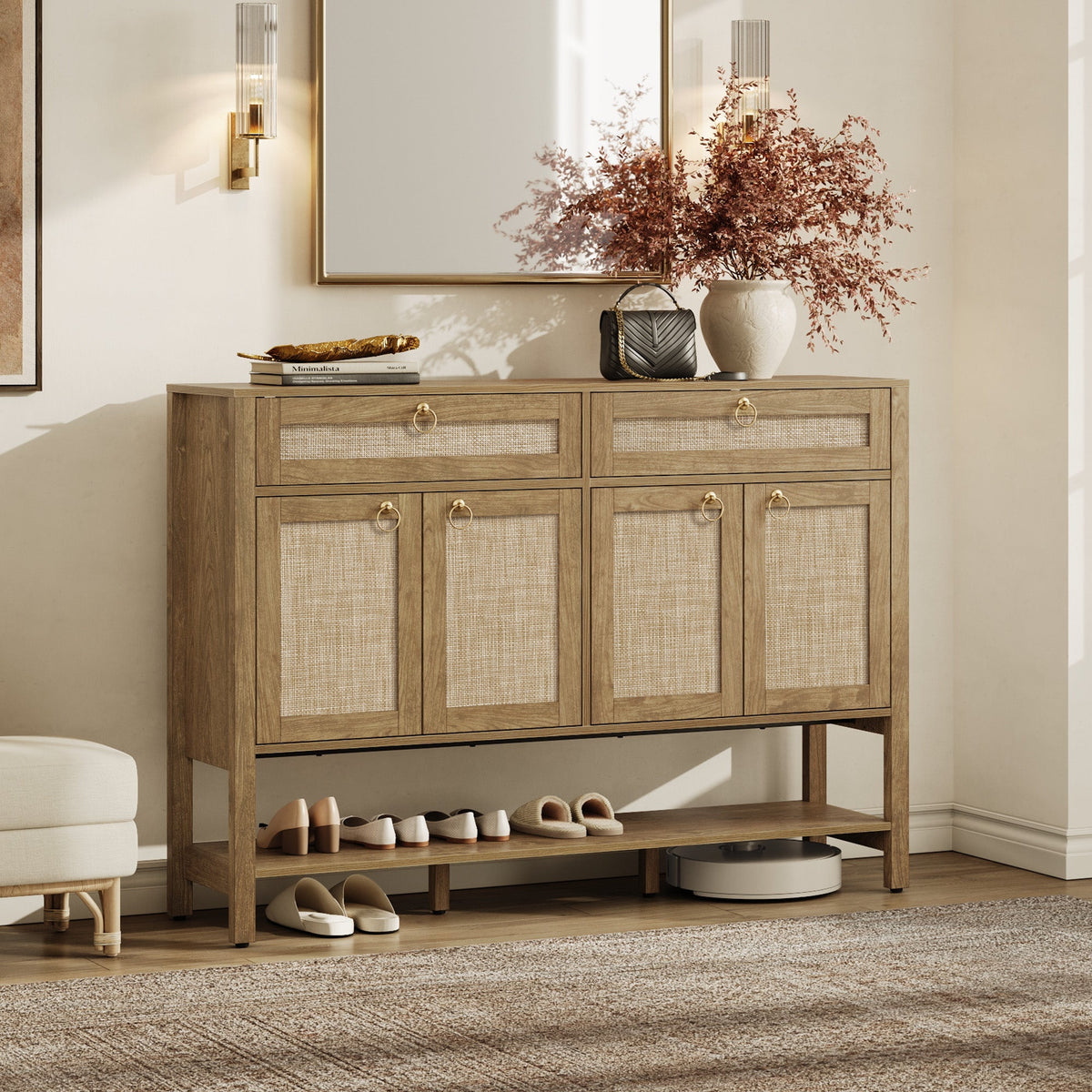 Terra Rattan Sideboard Cabinet, Modern Storage - Carbon Cherry - 2 Pieces