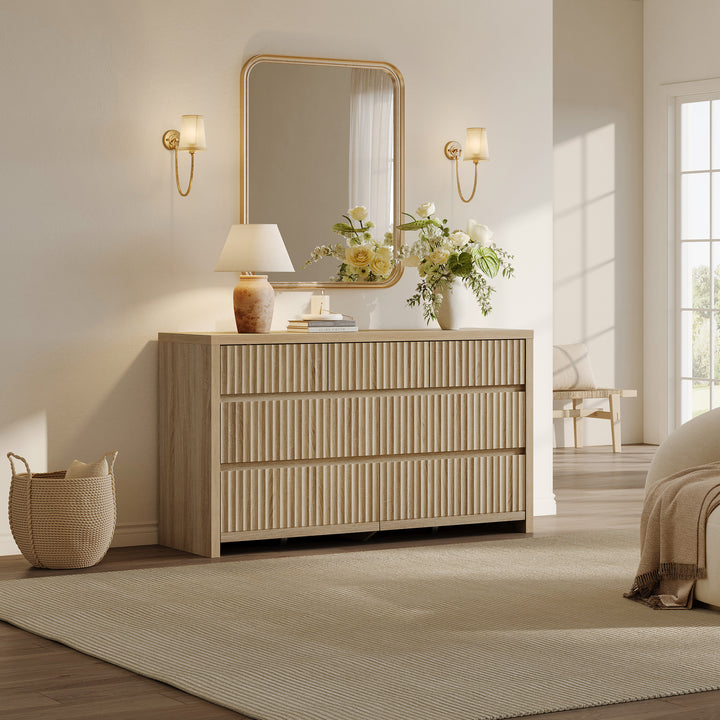 SICOTAS Prelude Bedroom Sets Dresser and Nightstand Sets, Fluted 7 Drawer Dresser and 2 Drawer Nightstands with Charging Station, Sandstone Beige
