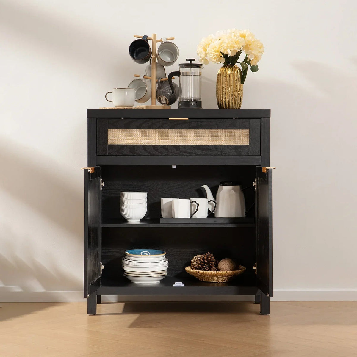 Savanna Black Storage Buffet Cabinet with Drawers, Set of 2