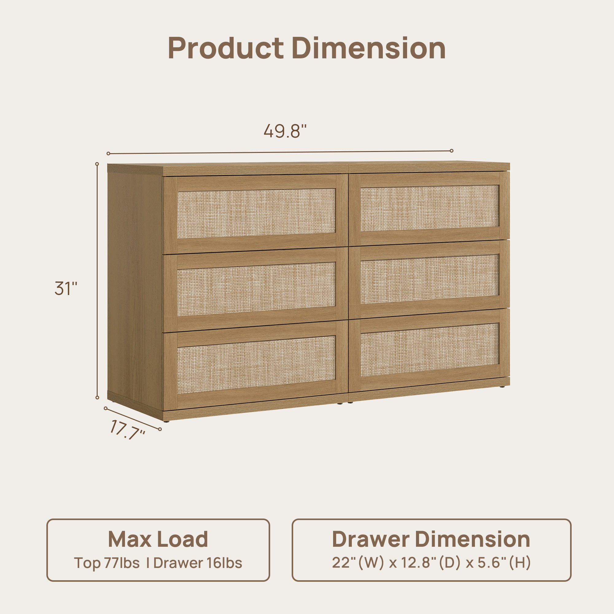 SICOTAS Rattan 6-Drawer Dresser, Modular Dresser, 53.6