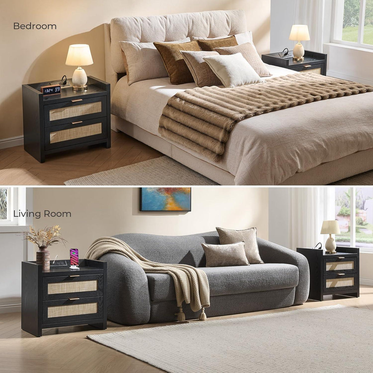 Black nightstand with rattan drawers used in bedroom and living room settings