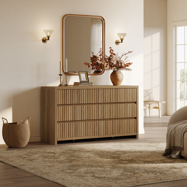 SICOTAS Fluted 3 Piece Dresser and Nightstand Set with Charging Station, Bedroom Sets Modern 6 Drawer Dresser and 2 Drawer Nightstand, Caramel Oak