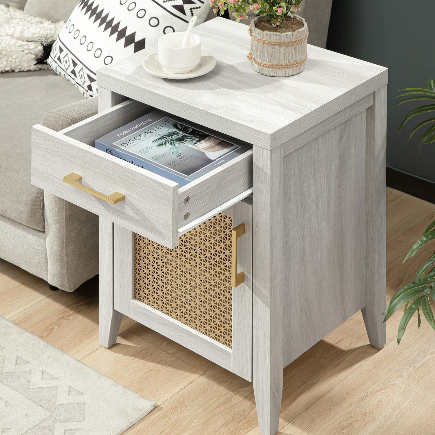 Light wood nightstand with open drawer, rattan accent, cup, and plant in modern living room
