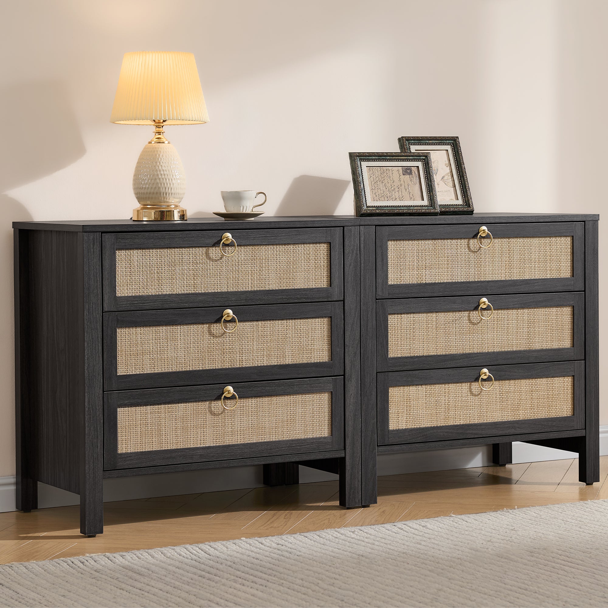 Surmoby 26.7"W Boho Nightstand Set of 2 - Coastal Farmhouse Bedside Tables with 2 Rattan Drawers & Open Shelf, Cream White Finish for Bedroom/Living Room WM