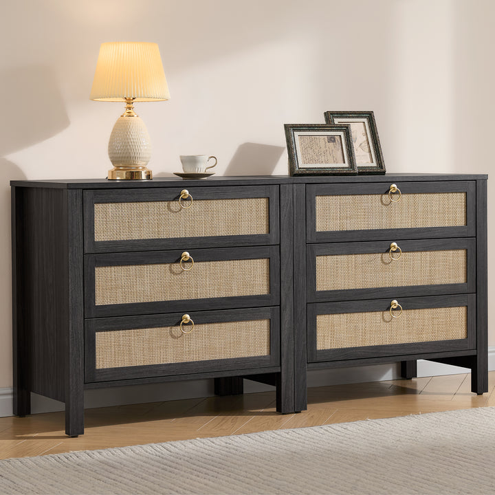 Surmoby 26.7"W Boho Nightstand Set of 2 - Coastal Farmhouse Bedside Tables with 2 Rattan Drawers & Open Shelf, Cream White Finish for Bedroom/Living Room WM