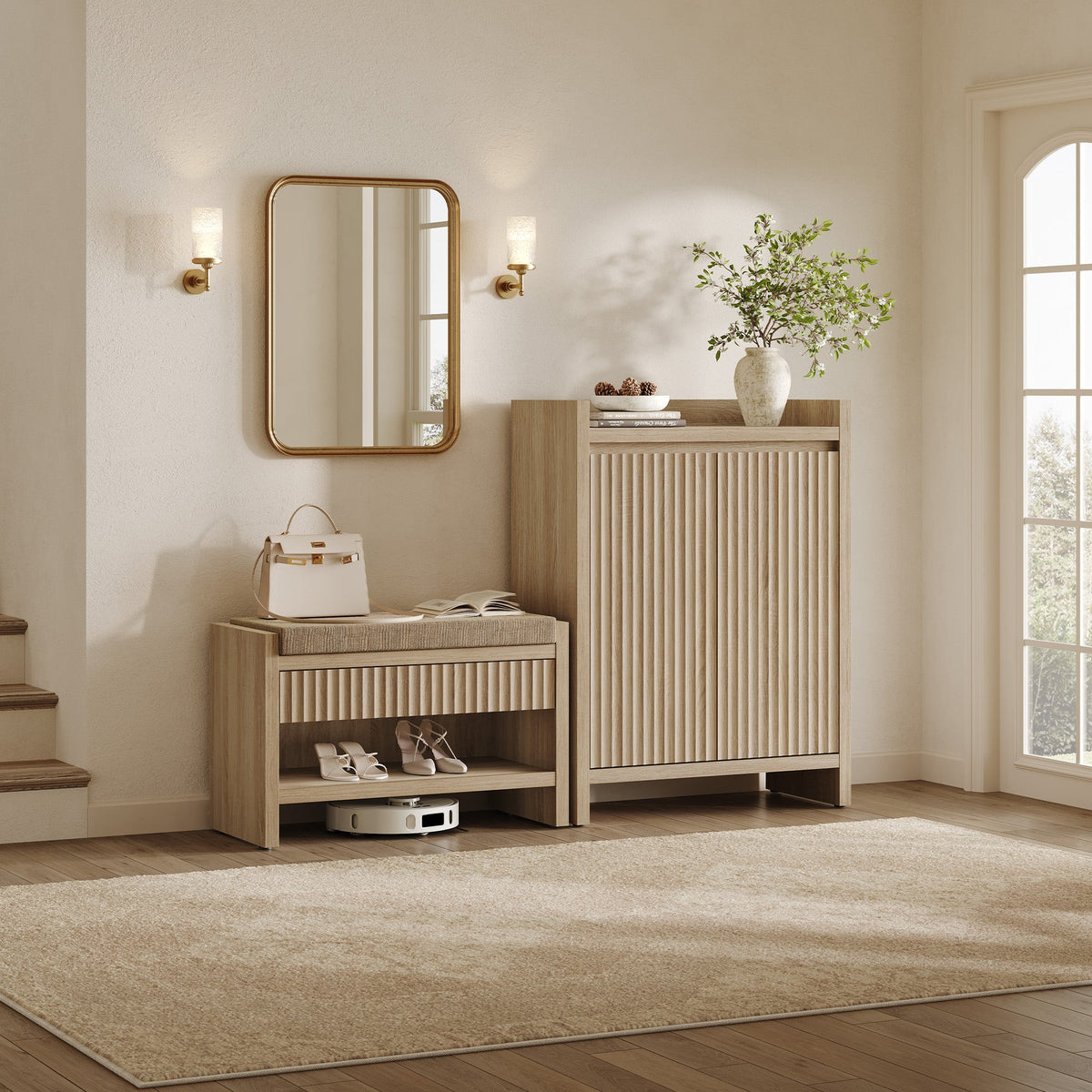 Prelude Upholstered Shoe Storage Bench for Entryway, Set of 2