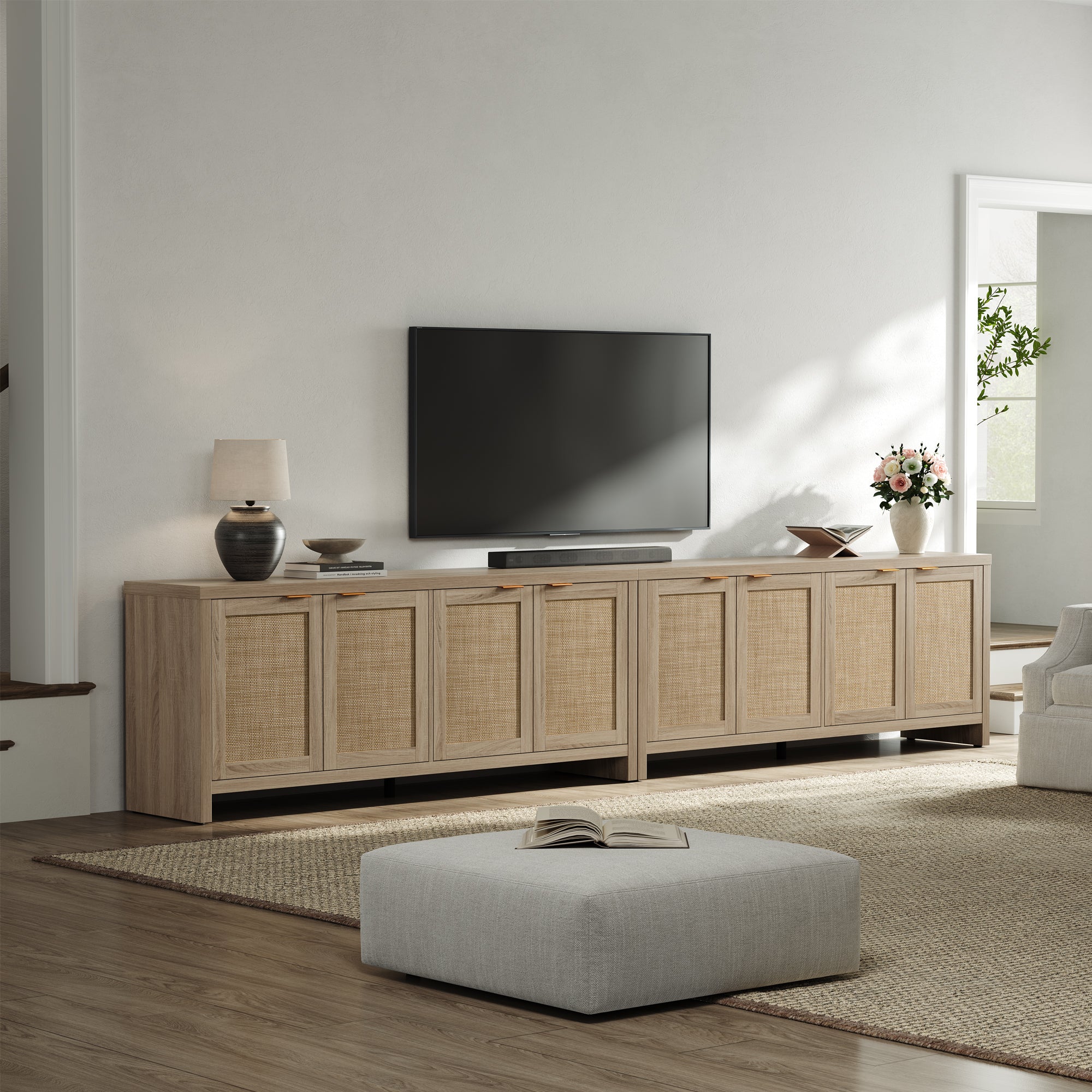 SICOTAS 61.5"W Rattan TV Stand with 4 Doors, Boho Entertainment Center with Adjustable Shelves & Spacious Countertop – Large Boho Farmhouse Media Console for Living Room WM