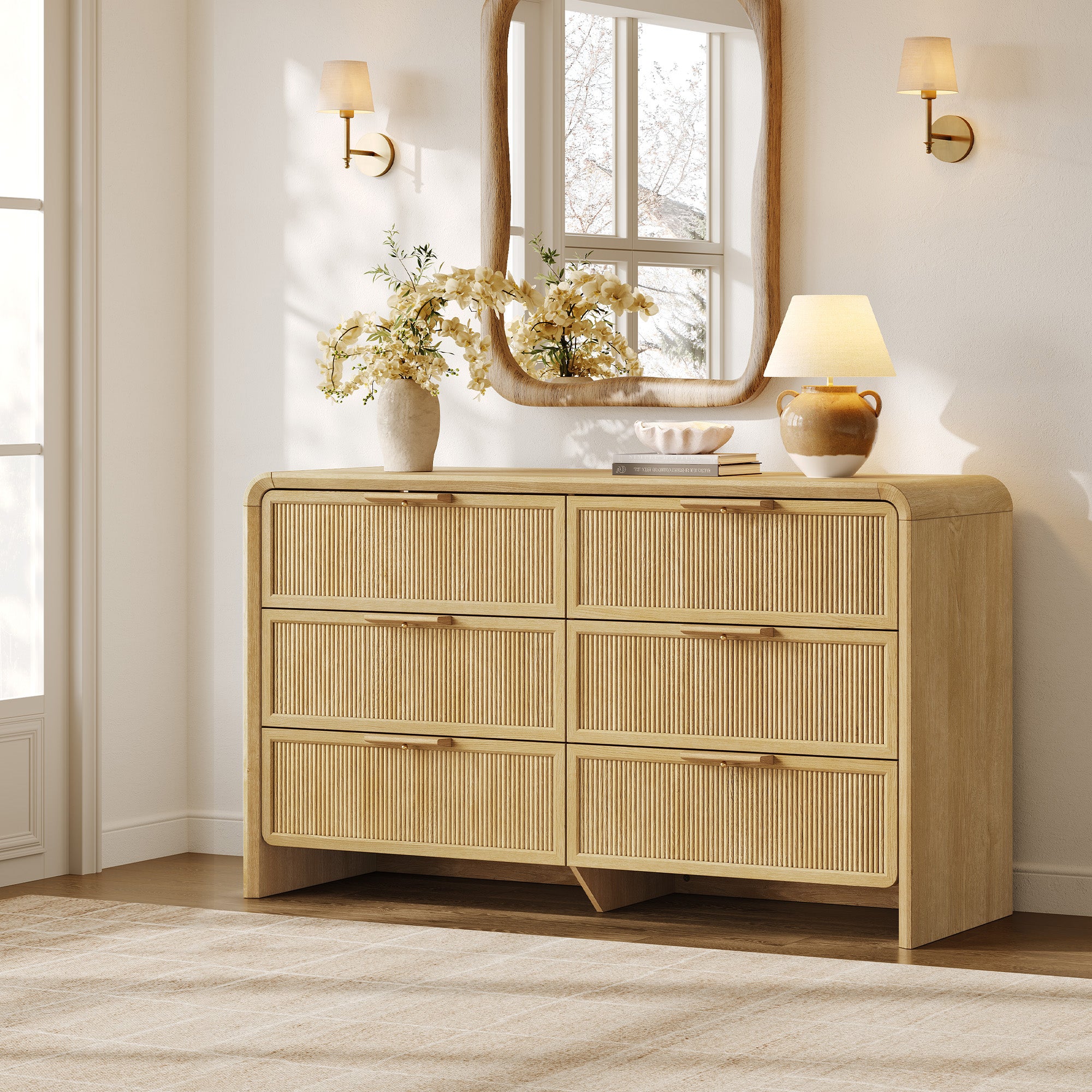 Alina 6 Drawers Dresser with Curved Edge, 55Inch Wide, Set of 2