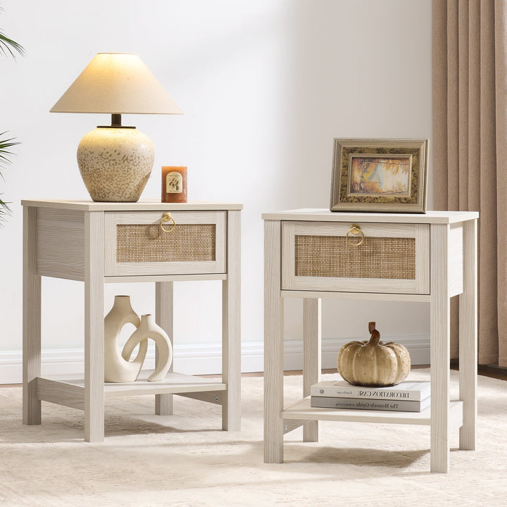Terra Black Rattan Nightstand - 2 Pieces - White Cream Oak