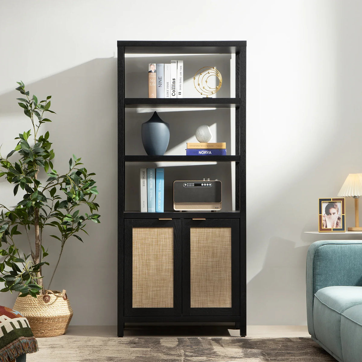 Modern black bookshelf with rattan doors, decor, books, and retro radio in living room