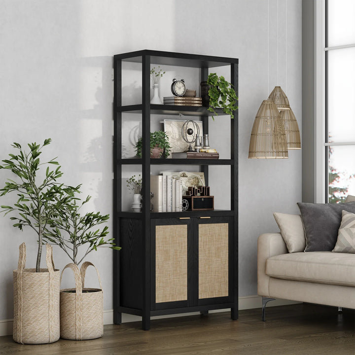 Modern living room with black and wicker bookshelf, plants, and neutral decor
