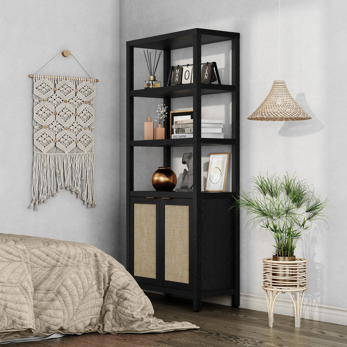 Modern bedroom with black bookshelf, woven pendant lamp, macrame wall hanging, and potted plant.