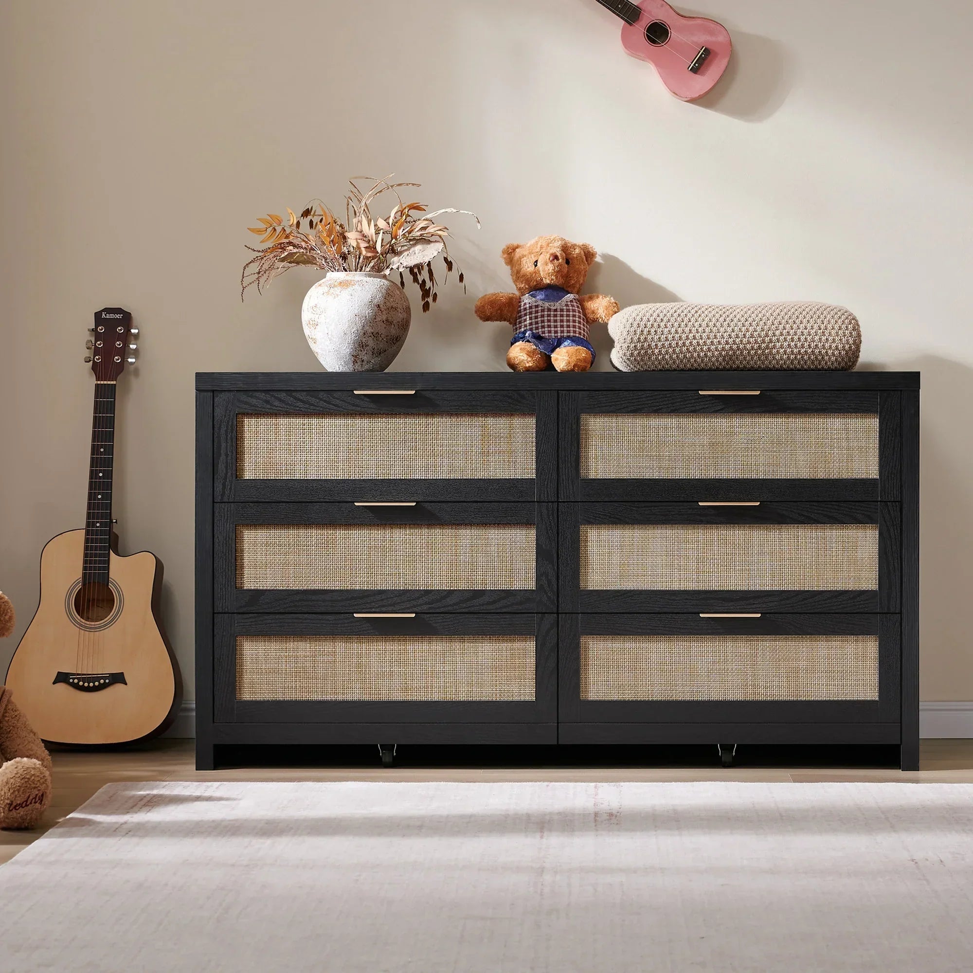 SICOTAS Savanna 6 Drawers Dresser, 56.4Inch Wide Wood Chest of Drawers Modern Dresser for Bedroom, Storage Chest Cabinet for Home, Black Oak