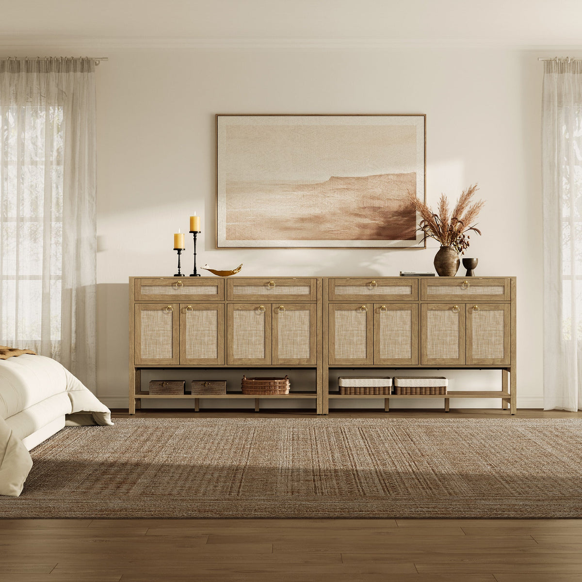 Terra Rattan Sideboard Cabinet, Modern Storage - Carbon Cherry - 2 Pieces