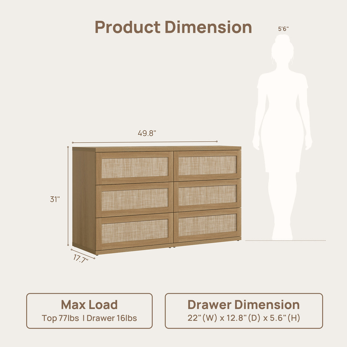 Zura Modern Rattan 6 Drawers Dresser, Straight Edge