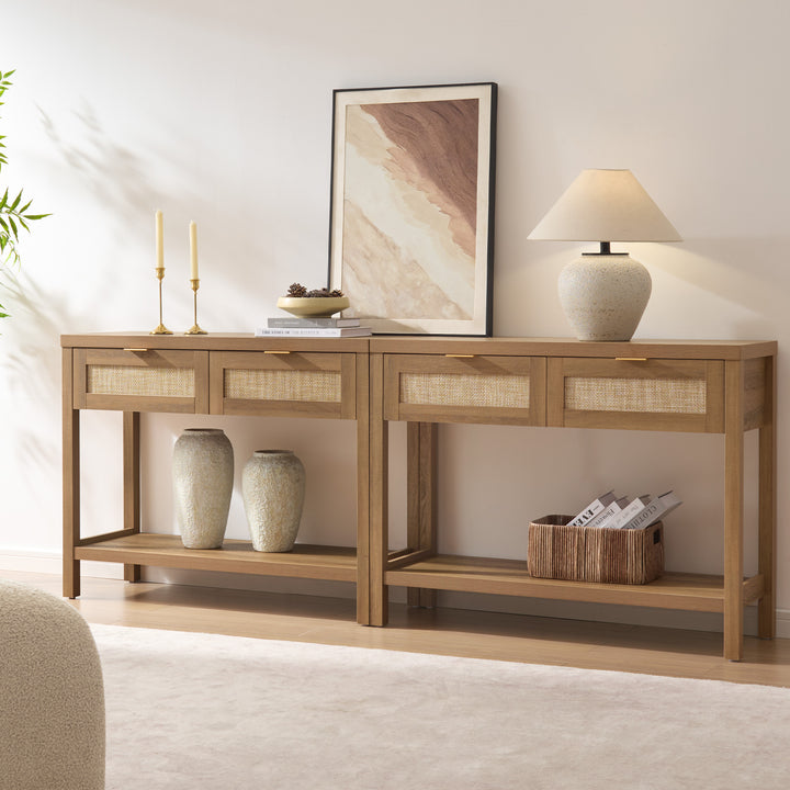 Surmoby Console Table with Rattan Drawers,Boho Wood Entryway Table Hallway Table Sofa Table with Open Storage Shelf for Living Room,Foyer and Corridor WM