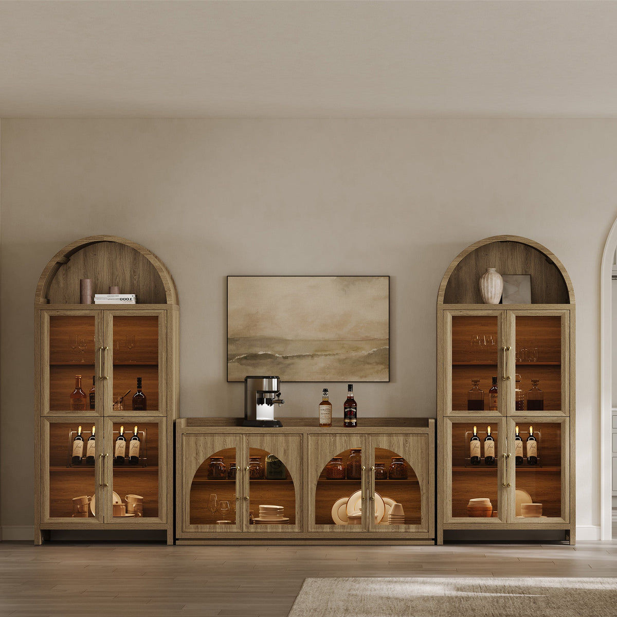 Helio Sideboard with Glass Doors and Light, Brown Oak, 2 Pieces