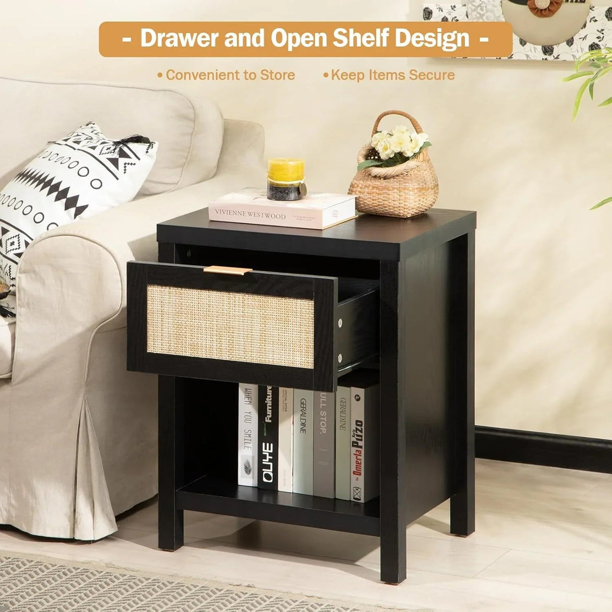 Black Boho Style Nightstand - 2 Pieces - Black Oak