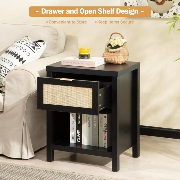 Black Boho Style Nightstand - 2 Pieces - Black Oak