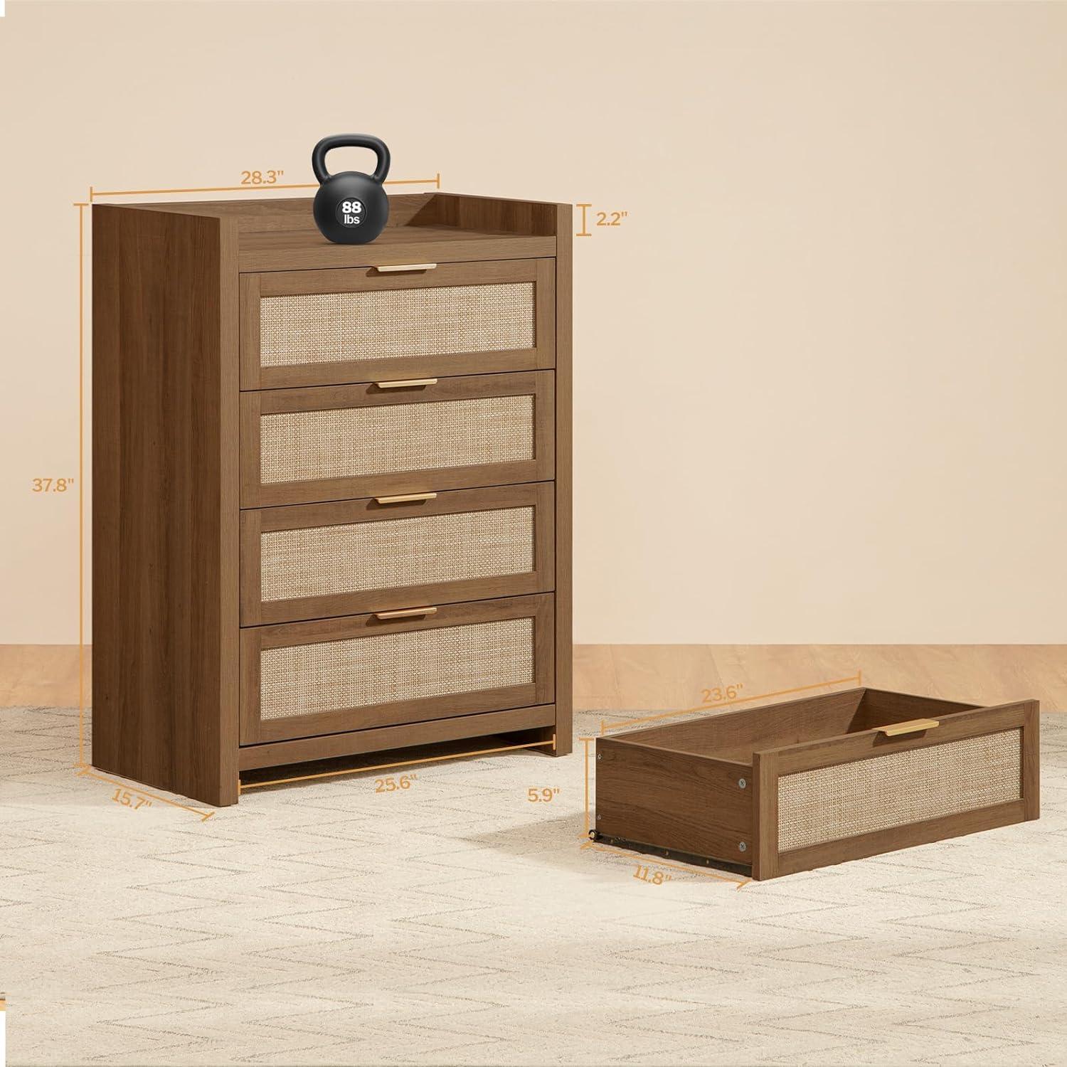 Wooden dresser with four rattan drawers, gold handles, precise dimensions, and an 88 lb kettlebell on top