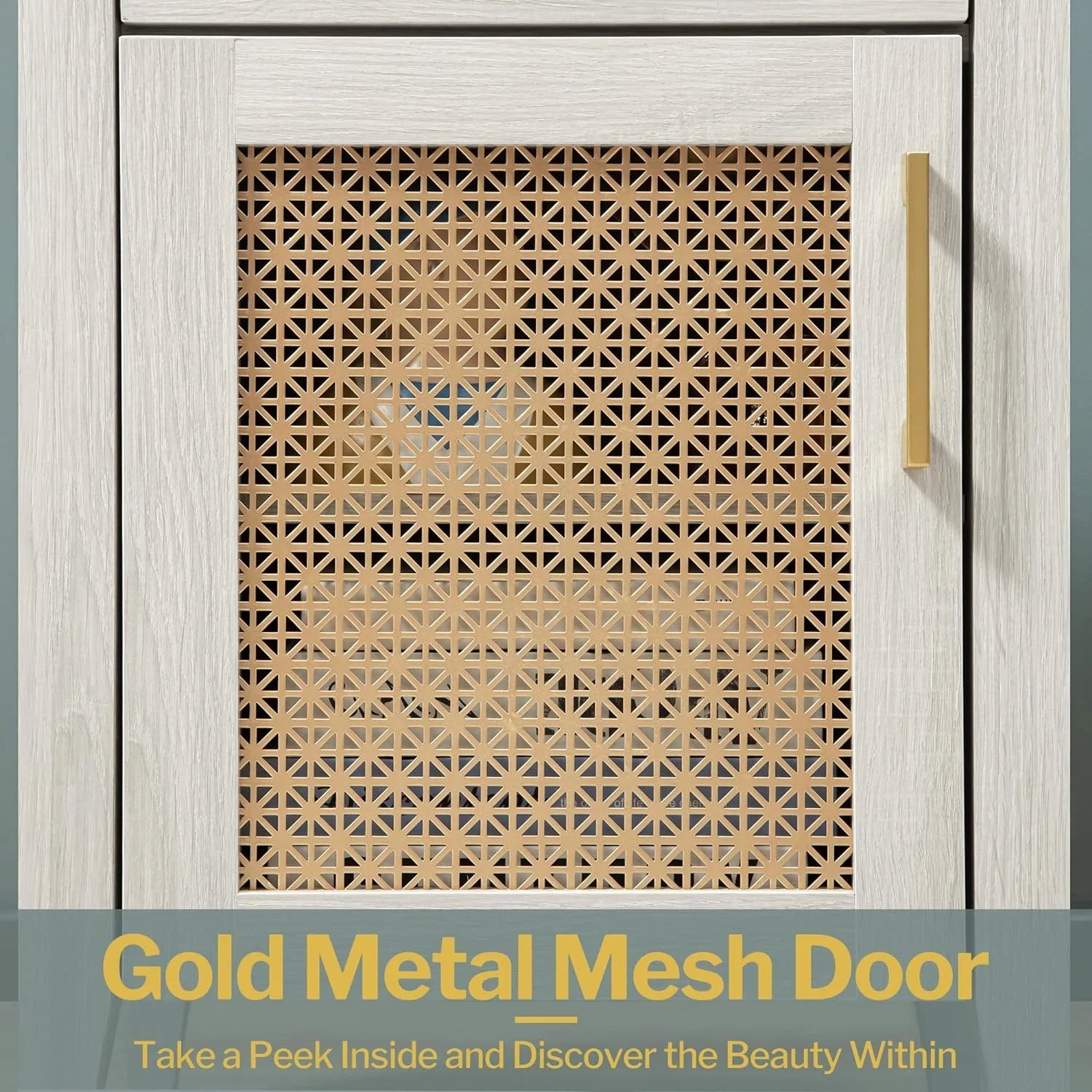 Gold metal mesh door with geometric pattern on a light wood cabinet, modern cabinet handle