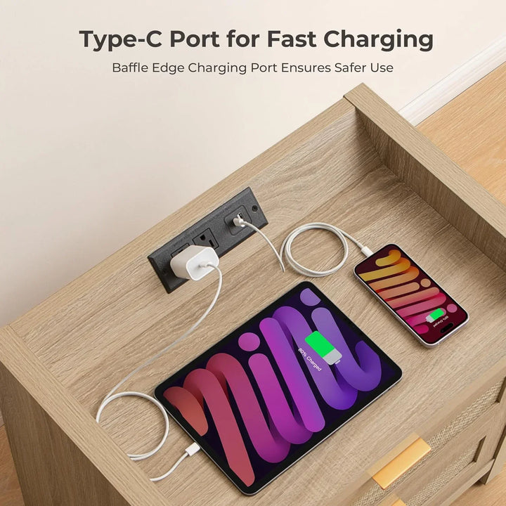 Type-C fast charging port on a wooden desk charging tablet and smartphone