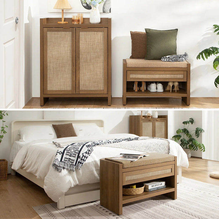 Modern bedroom with wooden rattan cabinet and bench, white bed, and cozy decor