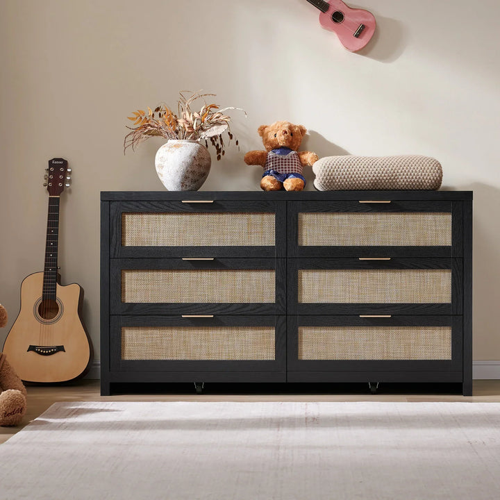 SICOTAS Savanna 6 Drawers Dresser, 56.4Inch Wide Wood Chest of Drawers Modern Dresser for Bedroom, Storage Chest Cabinet for Home, Black Oak