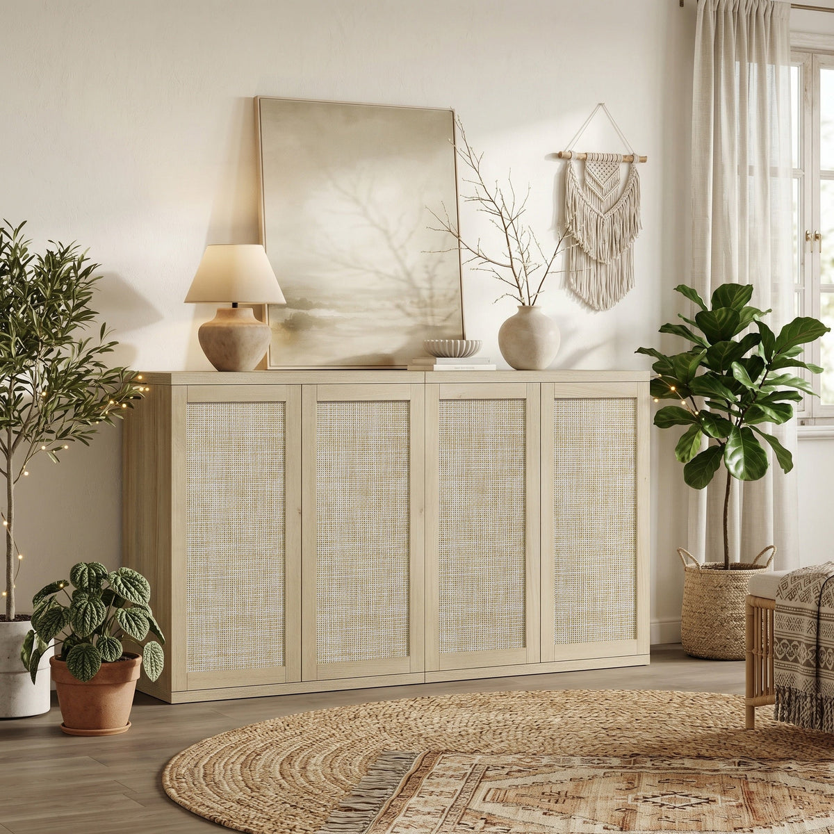 Zura 2-Door Buffet Cabinet, Large Storage - Sand Oak - 2 Pieces