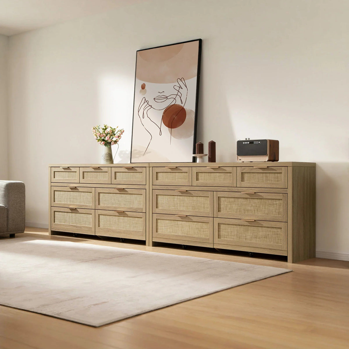 Savanna Rattan Dresser and 3 Drawers Nightstands Set