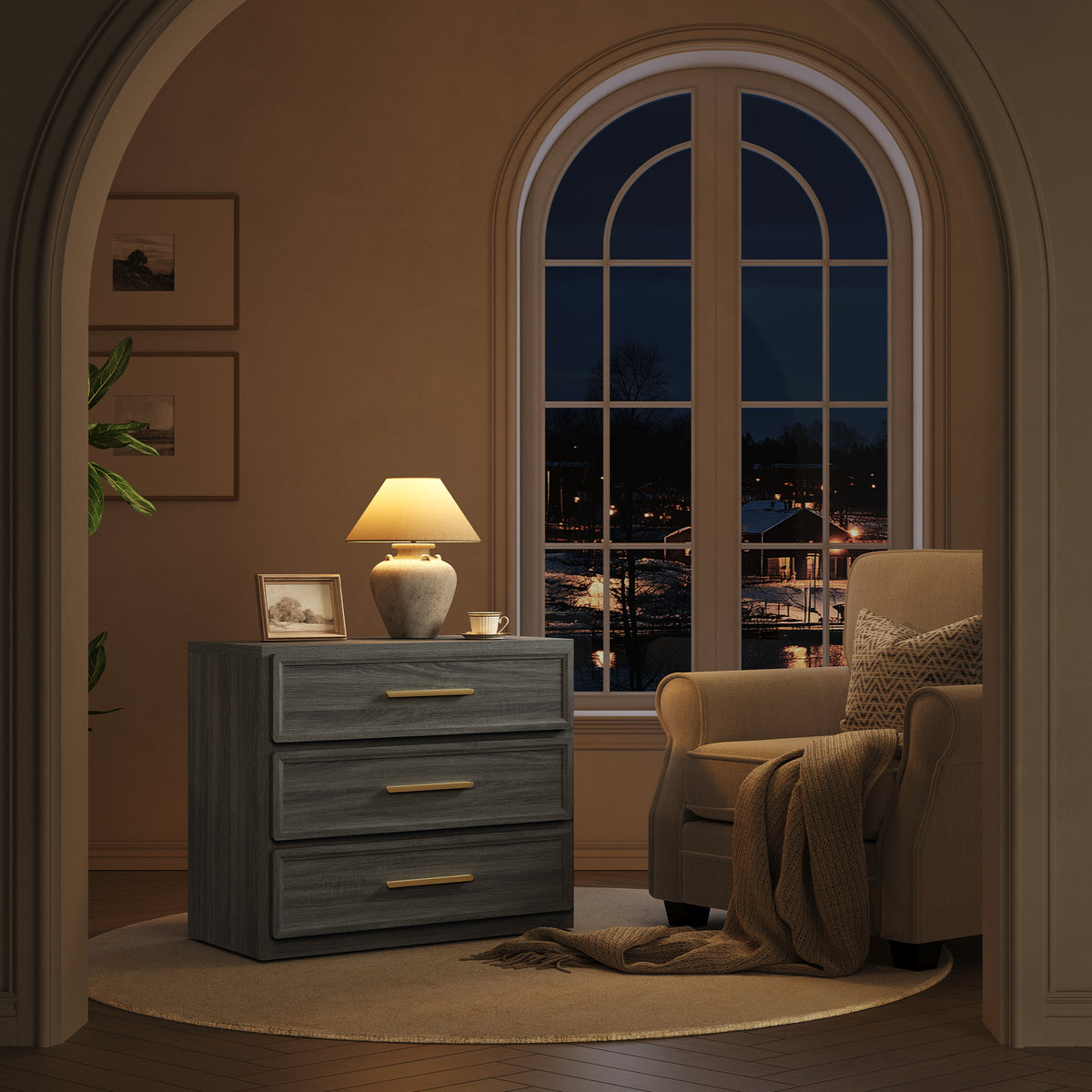 Crescent Nightstand with 3 Drawers for Bedroom, Set of 2