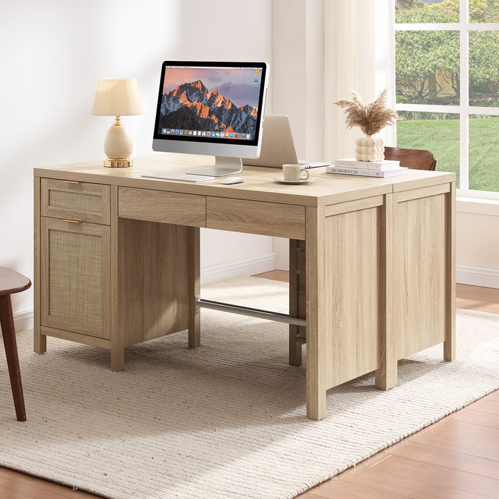 Savanna 55-Inch Wide Vanity Table, Makeup Storage - Reclaimed Light Oak - 2 Pieces